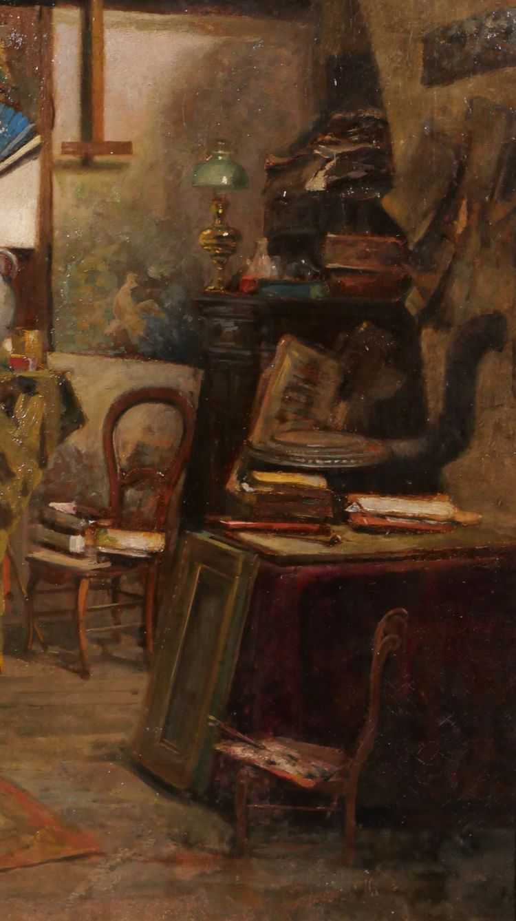 Emile Rimbout 1849-1926 L'atelier de l'artiste à Bruxelles, tableau, vers 1890 intérieur Belgique