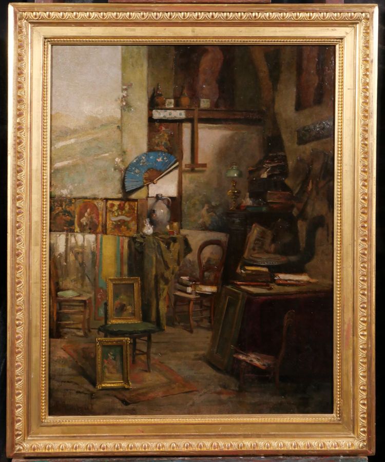 Emile Rimbout 1849-1926 L'atelier de l'artiste à Bruxelles, tableau, vers 1890 intérieur Belgique