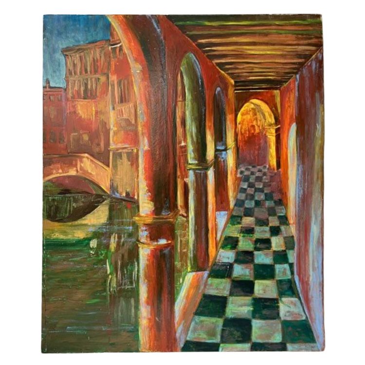 Peinture huile sur toile expressionniste "Vue de Venise" signée - 1999 - 50x65cm