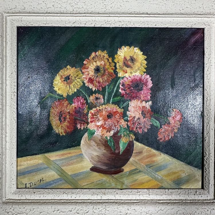 Huile sur toile nature morte bouquet de fleurs XXe par L. Dupal