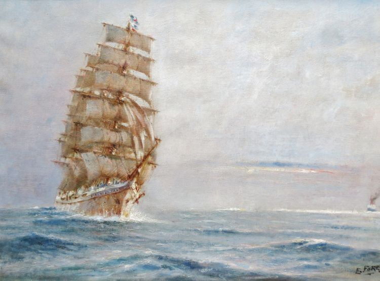 Pierre Forest, three-masted ship sailing.