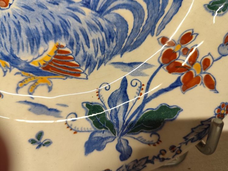 Gien factory. Circa 1900. Earthenware dinner service, "Rooster and Peony" pattern, 37 pieces.