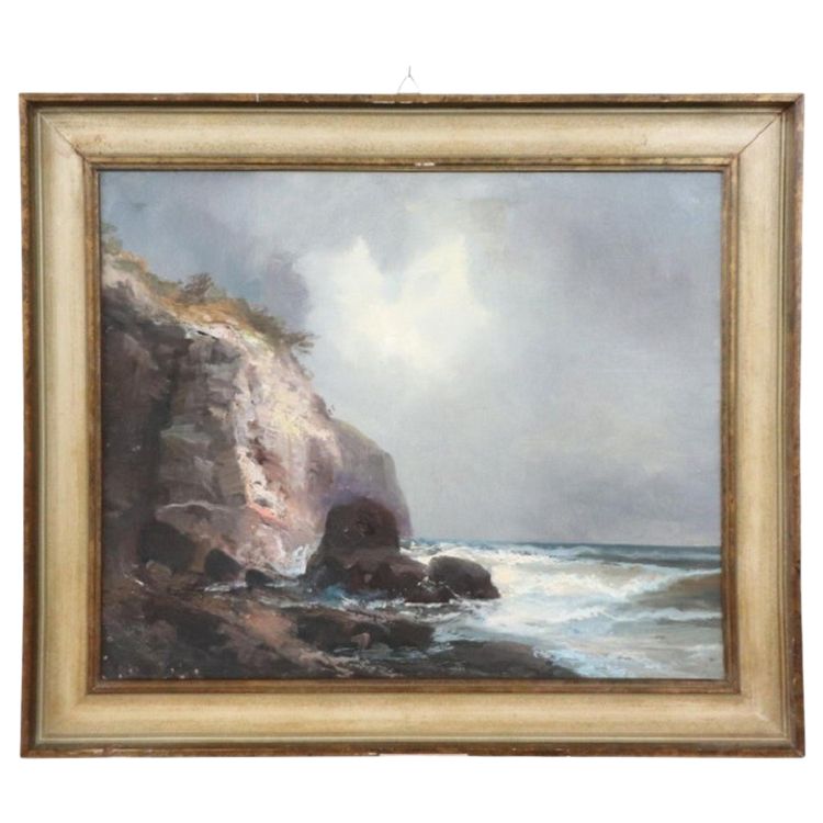 Paysage marin avec falaise, peinture à l'huile sur toile, Italie, XXe siècle