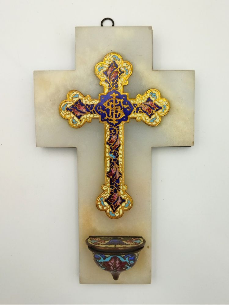 CRUCIFIX Holy Water Font in Polychrome Cloisonné Enamel on Onyx and Brass, 19th Century Collection