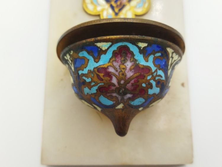CRUCIFIX Holy Water Font in Polychrome Cloisonné Enamel on Onyx and Brass, 19th Century Collection
