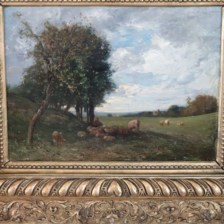 Dipinto ad olio su tavola, paesaggio con gregge, firmato V. Bussolino, Italia, XIX secolo