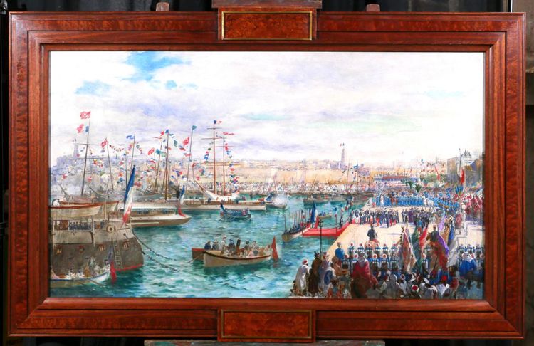 Paul Merwart 1855-1902 Tunisie, Le port de Sousse, inauguration travaux port, grand tableau