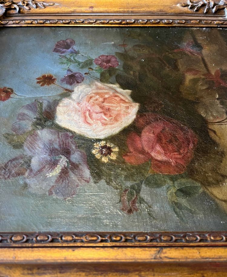 Dipinto ad olio su tela, circa 1874, Composizione floreale su trabeazione, firmato e incorniciato.
