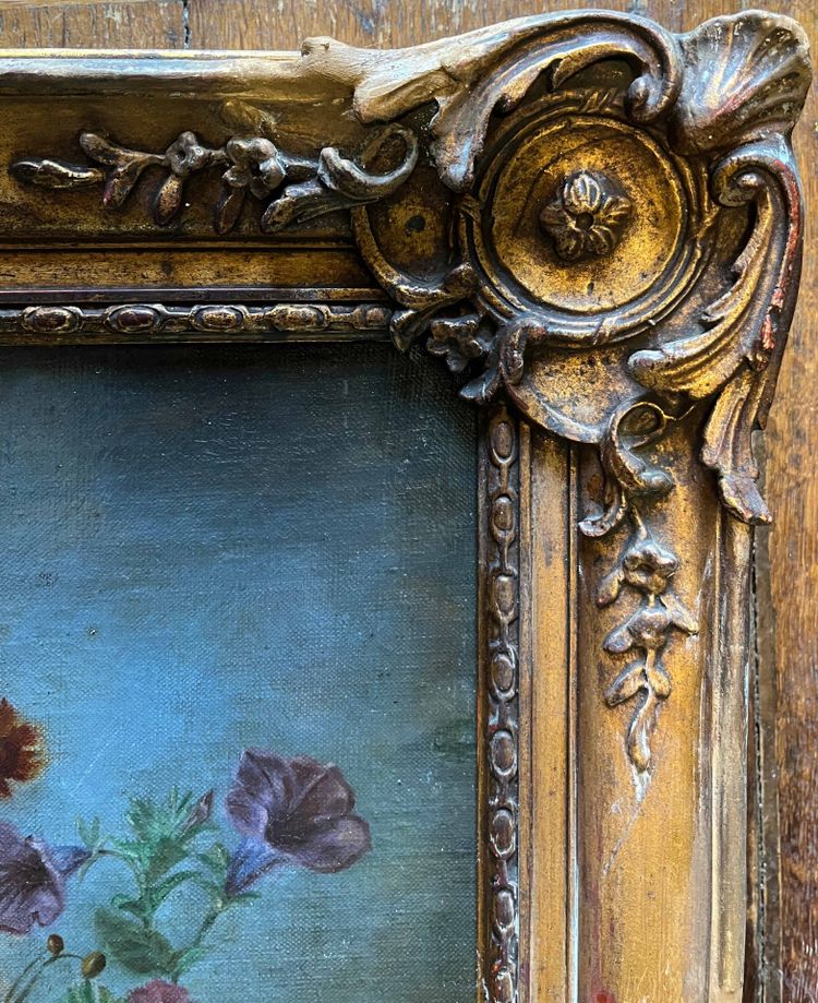 Dipinto ad olio su tela, circa 1874, Composizione floreale su trabeazione, firmato e incorniciato.