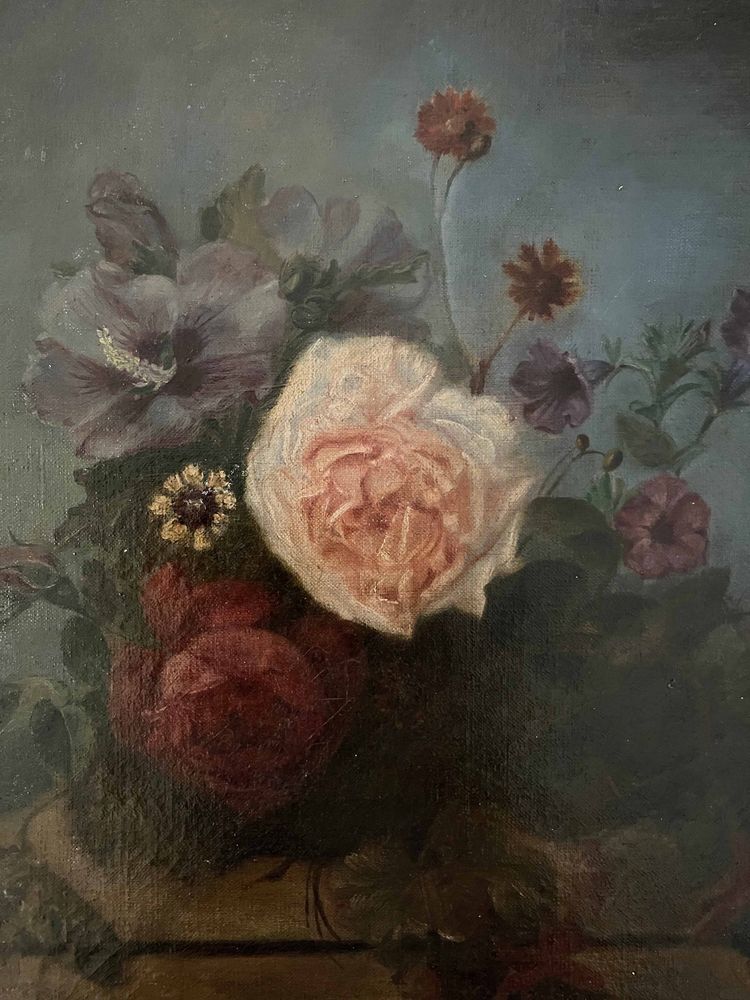Dipinto ad olio su tela, circa 1874, Composizione floreale su trabeazione, firmato e incorniciato.