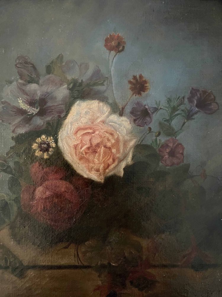 Dipinto ad olio su tela, circa 1874, Composizione floreale su trabeazione, firmato e incorniciato.
