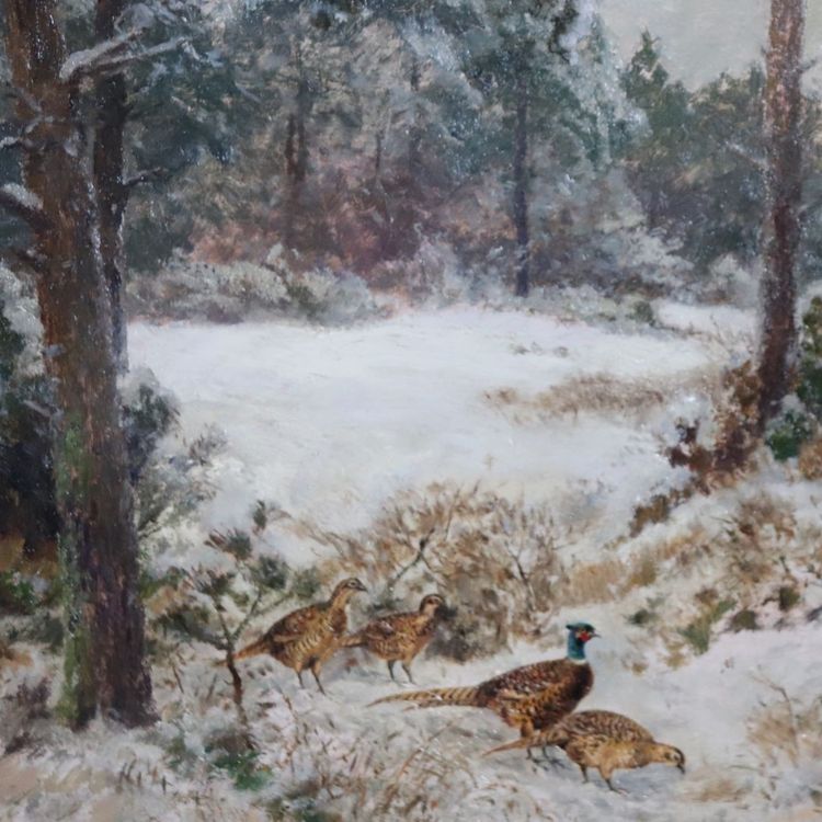 Faisans dans la neige, peinture à l'huile sur panneau, signée Wilhelm Buddenberg