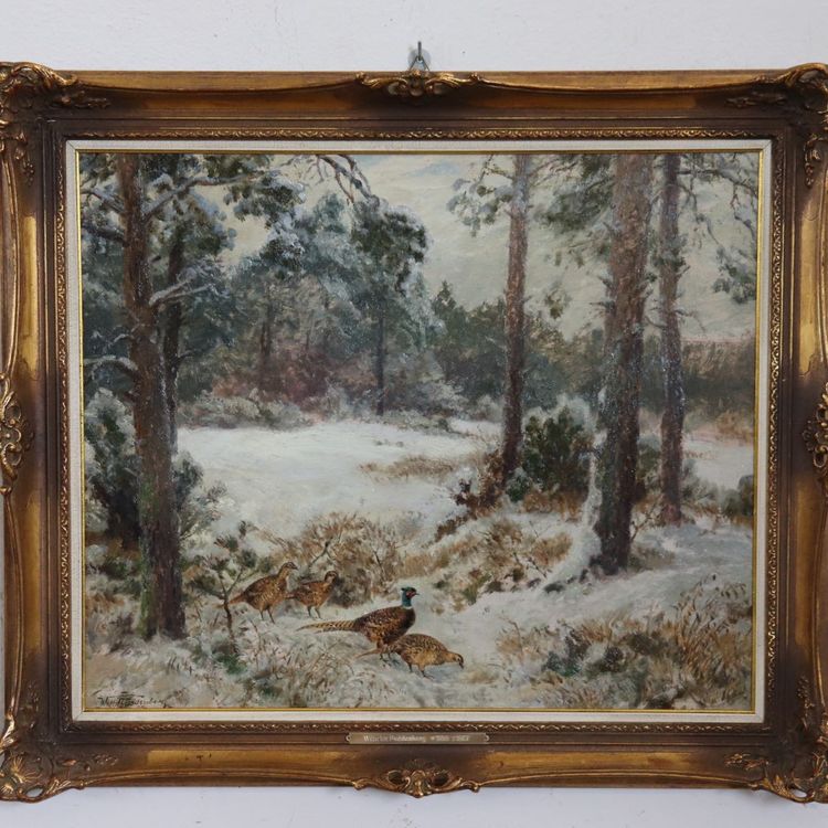 Faisans dans la neige, peinture à l'huile sur panneau, signée Wilhelm Buddenberg