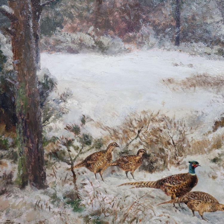 Faisans dans la neige, peinture à l'huile sur panneau, signée Wilhelm Buddenberg