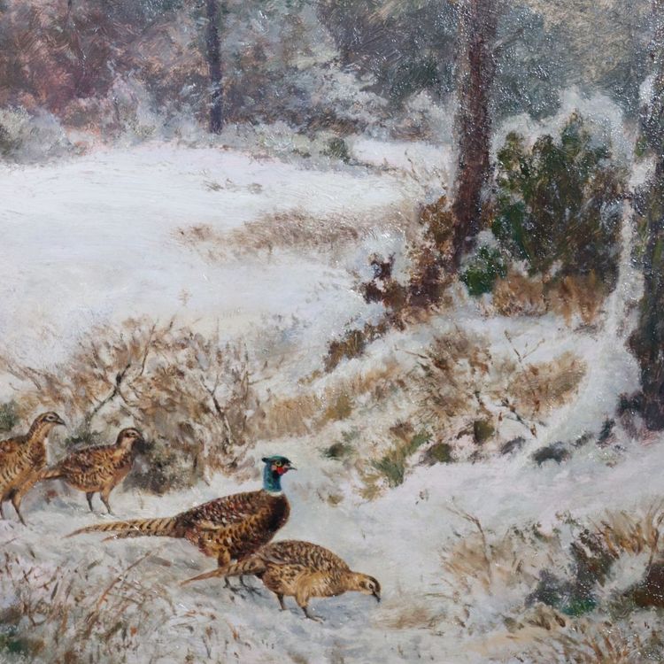 Faisans dans la neige, peinture à l'huile sur panneau, signée Wilhelm Buddenberg