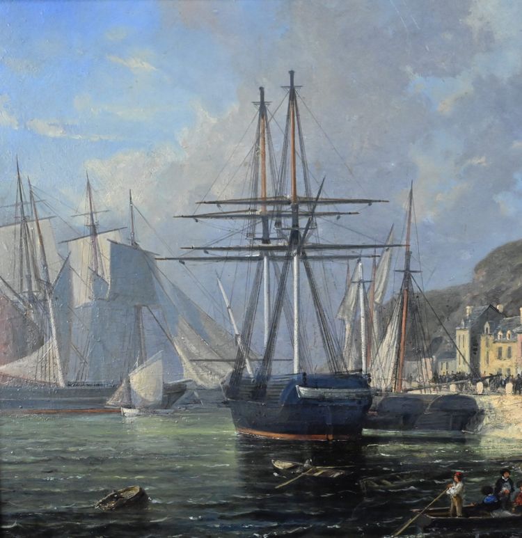 Dipinto "Banchina illuminata", Olio su tavola, firmato Jules d'Évry - Metà del XIX secolo