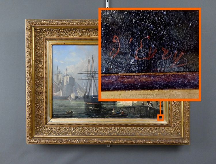 Dipinto "Banchina illuminata", Olio su tavola, firmato Jules d'Évry - Metà del XIX secolo