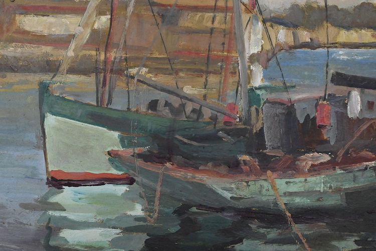 Dipinto "Pescherecci per la pesca del tonno in banchina", olio su tavola, firmato G. Boulard - Metà del XX secolo