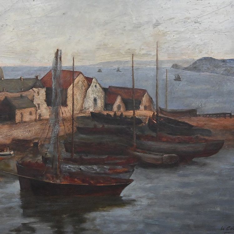 Dipinto "Il porto di Camaret", olio su tela, firmato H. Callot - Inizi del XX secolo