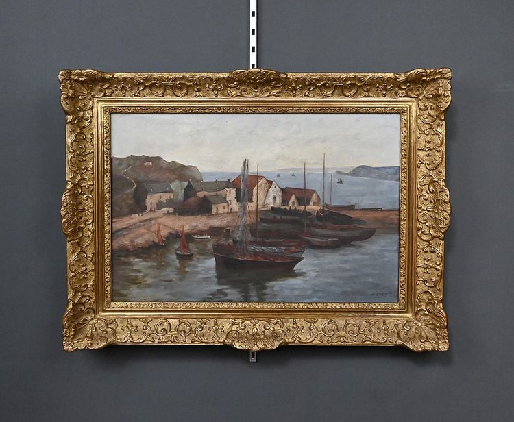 Dipinto "Il porto di Camaret", olio su tela, firmato H. Callot - Inizi del XX secolo