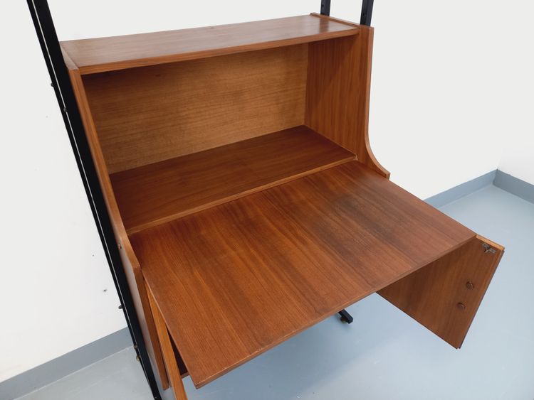 Vintage modular secretary desk bookcase in teak and metal from the 1960s
