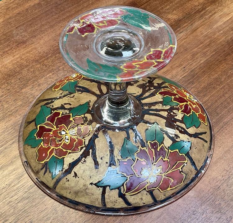 Stemmed enameled glass bowl signed LEG for LEGRAS