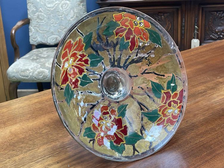 Stemmed enameled glass bowl signed LEG for LEGRAS