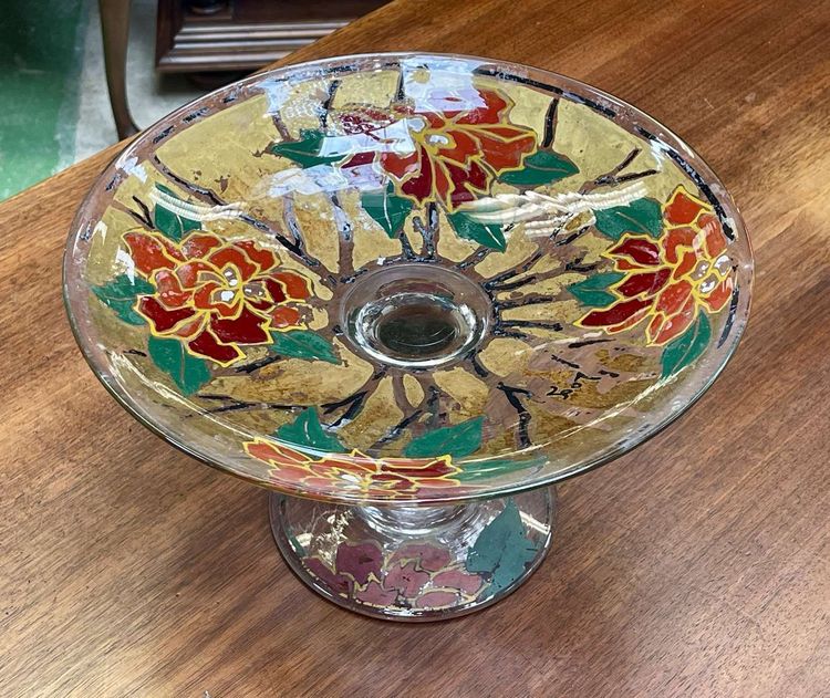 Stemmed enameled glass bowl signed LEG for LEGRAS