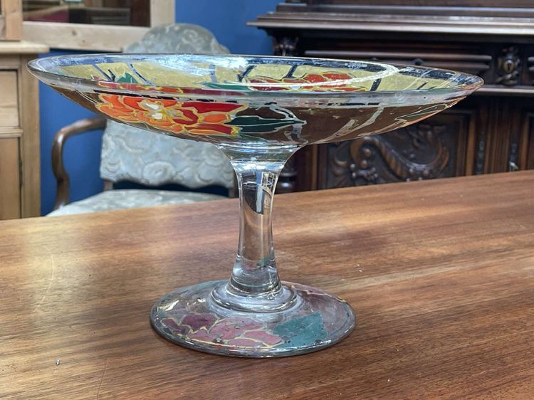 Stemmed enameled glass bowl signed LEG for LEGRAS