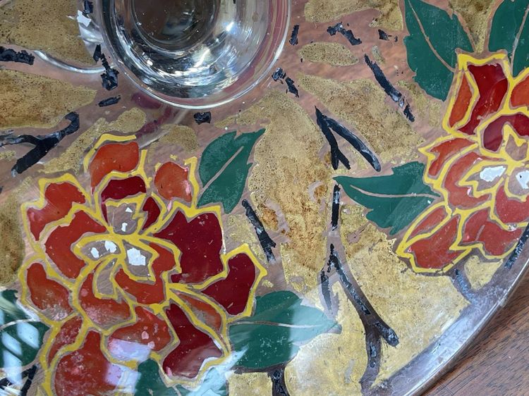 Stemmed enameled glass bowl signed LEG for LEGRAS