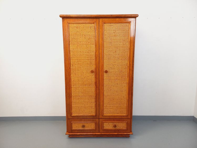 Vintage wardrobe in woven rattan and Maugrion wood for Roche-Bobois from the 70s
