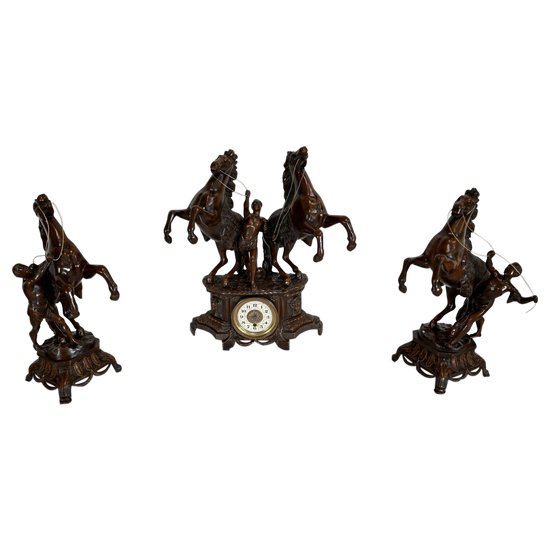“Les Chevaux de Marly” fireplace set, after G. Coustou – Early 20th century