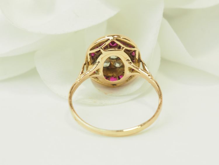 Bague Art Nouveau Rubis Diamants en Or Jaune 18kt et Platine 