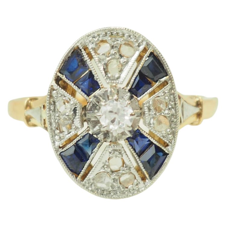 Bague Art Déco Saphirs Calibrés et Diamants Taille Rose Or 18kt Platine