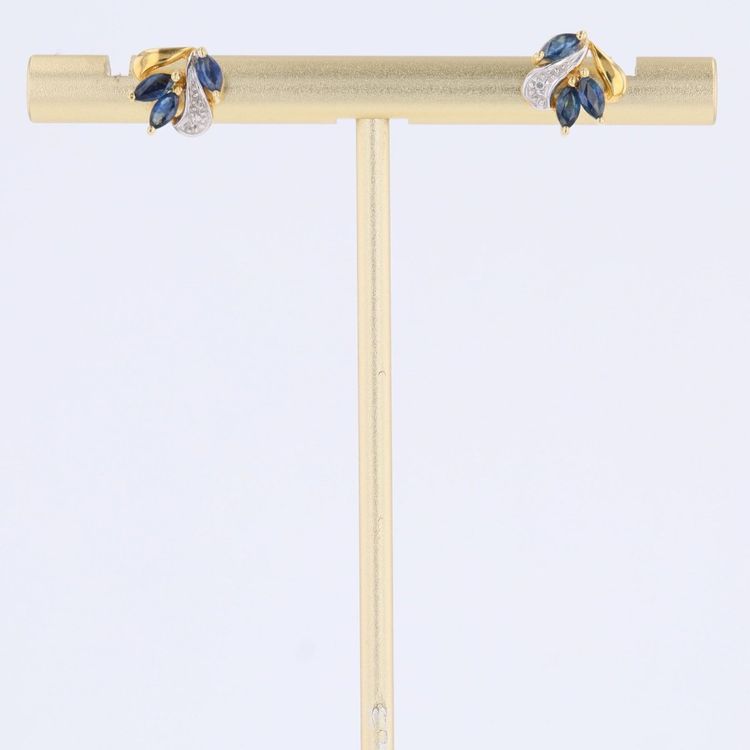 Puces d'oreilles or jaune diamants saphirs navette