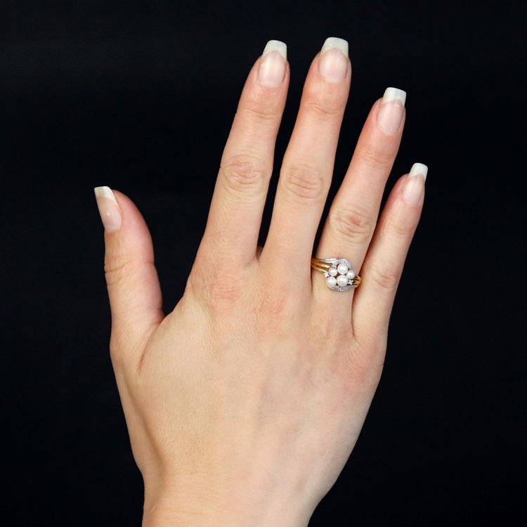Bague deux ors diamants perles de culture