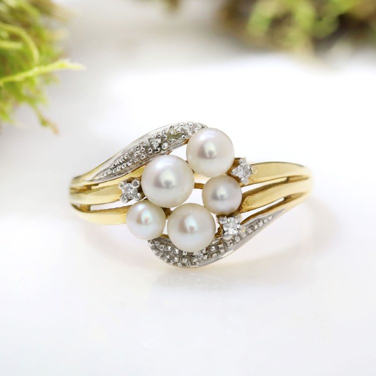 Bague deux ors diamants perles de culture