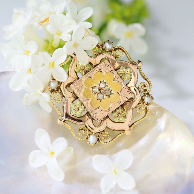 Alte Kragenbrosche Gold Diamant Feinperlen