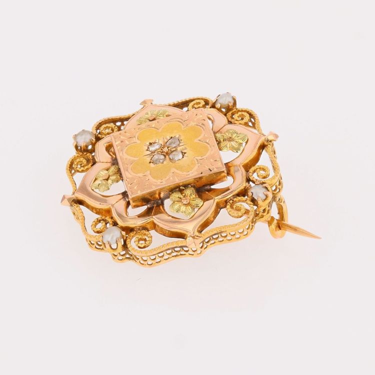Alte Kragenbrosche Gold Diamant Feinperlen