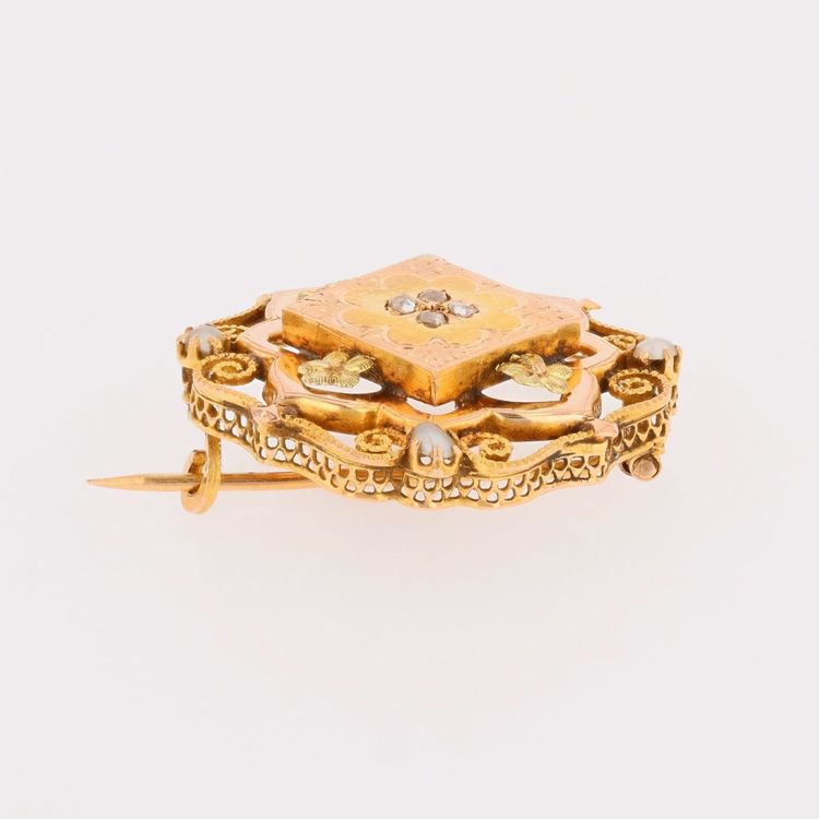 Alte Kragenbrosche Gold Diamant Feinperlen
