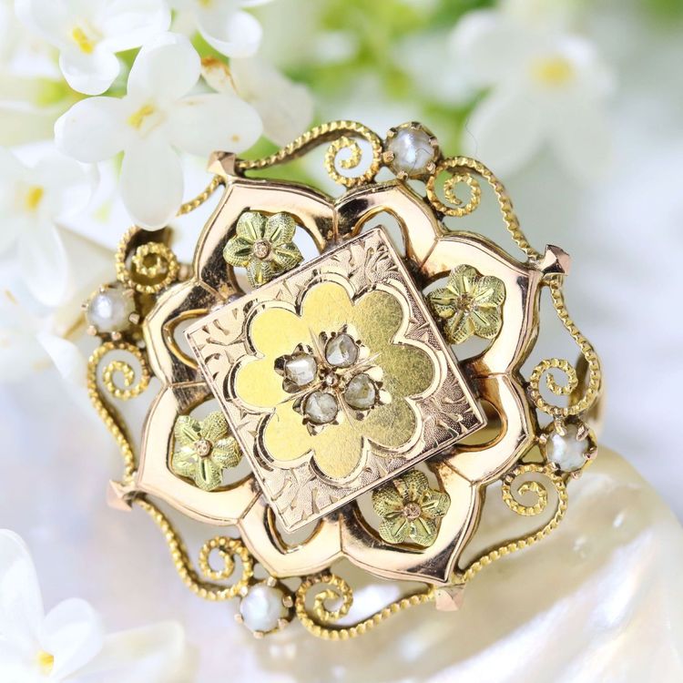 Alte Kragenbrosche Gold Diamant Feinperlen