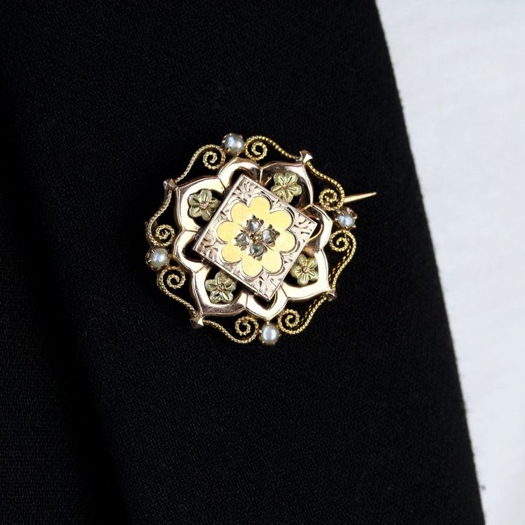 Alte Kragenbrosche Gold Diamant Feinperlen
