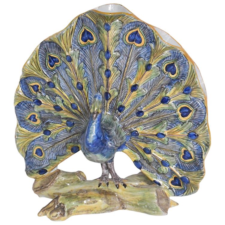 Bouquetière en faïence de Desvres en forme de paon Fabriqué par l'atelier Jules Verlingue 