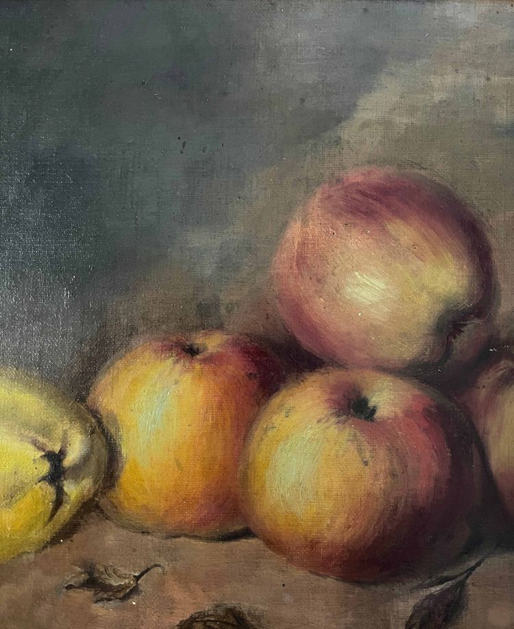 Tableau HST "Nature morte aux pommes et coings" signé D. Finelle 1911 + cadre