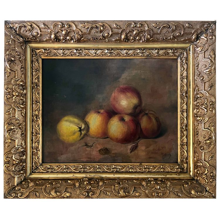 Tableau HST "Nature morte aux pommes et coings" signé D. Finelle 1911 + cadre