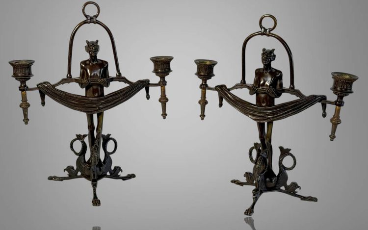 PAIR OF ART DECO PERIOD CANDLES WITH DIABLOTINS IN PAINTED BRONZE Circa 1930