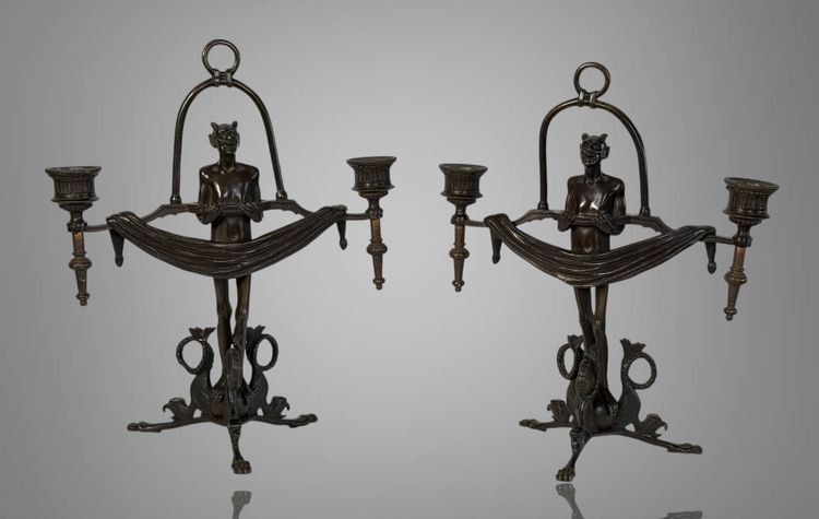 PAIR OF ART DECO PERIOD CANDLES WITH DIABLOTINS IN PAINTED BRONZE Circa 1930
