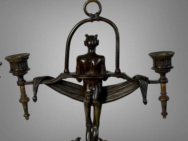 PAIR OF ART DECO PERIOD CANDLES WITH DIABLOTINS IN PAINTED BRONZE Circa 1930