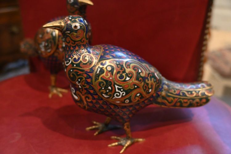 Chine , paire de cailles en cloisonné  brûle parfum