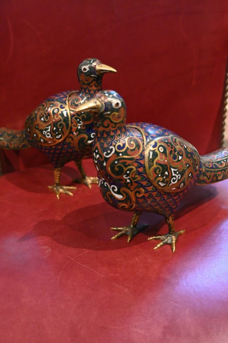 Chine , paire de cailles en cloisonné  brûle parfum